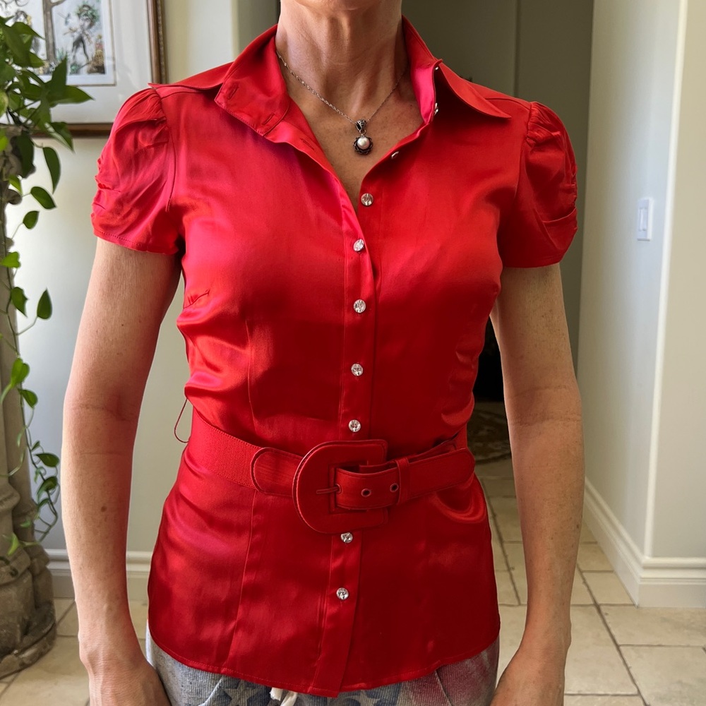 Bebe Button Up Silk Blouse with detachable belt